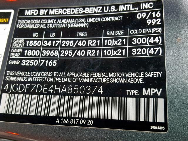 4JGDF7DE4HA850374 - 2017 MERCEDES-BENZ GLS 550 4M GRAY photo 10