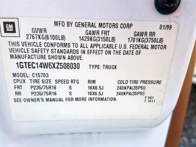 1GTEC14W6XZ508030 - 1999 GMC NEW SIERRA WHITE photo 10