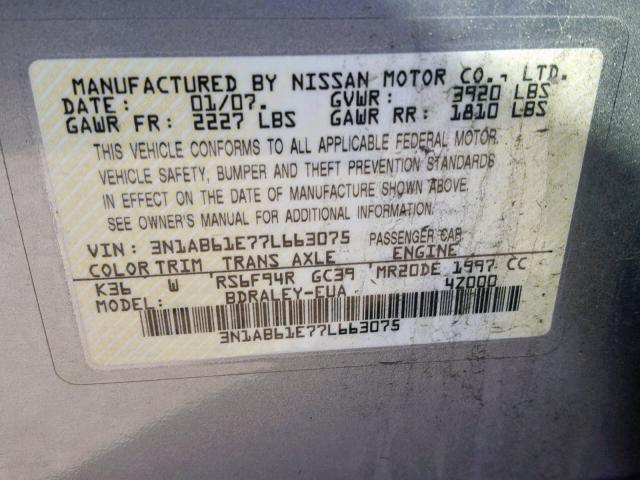 3N1AB61E77L663075 - 2007 NISSAN SENTRA 2.0 SILVER photo 10