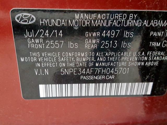 5NPE34AF7FH045701 - 2015 HYUNDAI SONATA SPO MAROON photo 10