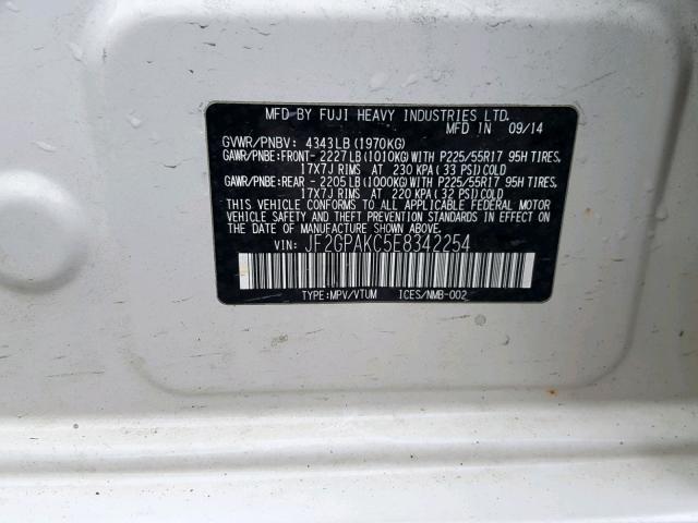 JF2GPAKC5E8342254 - 2014 SUBARU XV CROSSTR WHITE photo 10