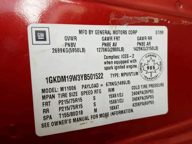 1GKDM19W3YB501522 - 2000 GMC SAFARI XT RED photo 10