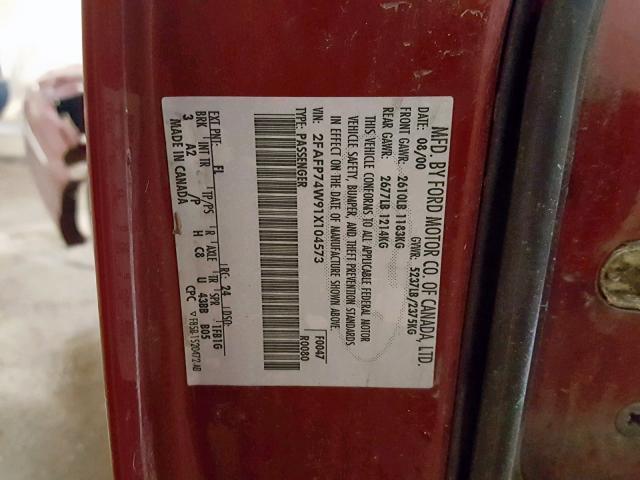 2FAFP74W91X104573 - 2001 FORD CROWN VICT MAROON photo 10