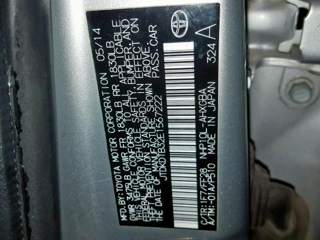 JTDKDTB32E1567222 - 2014 TOYOTA PRIUS C SILVER photo 10