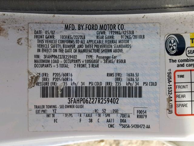 3FAHP06Z27R259402 - 2007 FORD FUSION S WHITE photo 10