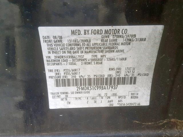 2FMDK51C99BA17937 - 2009 FORD FLEX SE BLACK photo 10