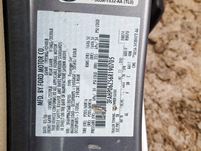 3FAHP06Z56R190705 - 2006 FORD FUSION S GRAY photo 10