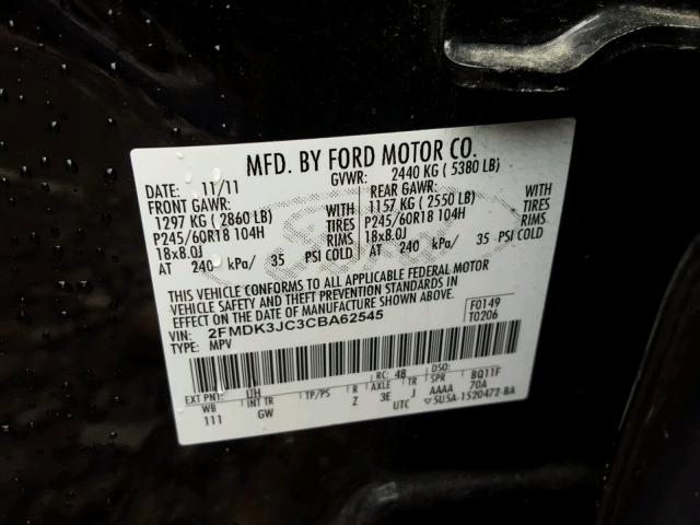 2FMDK3JC3CBA62545 - 2012 FORD EDGE SEL BLACK photo 10