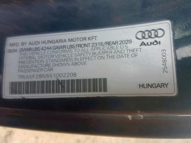 TRUWF28N551002208 - 2005 AUDI TT 3.2 QUA BLUE photo 10