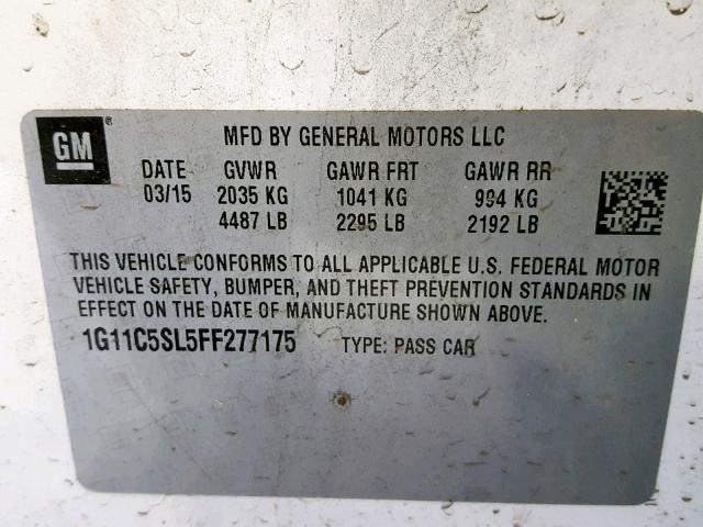 1G11C5SL5FF277175 - 2015 CHEVROLET MALIBU 1LT 白色 照片 10