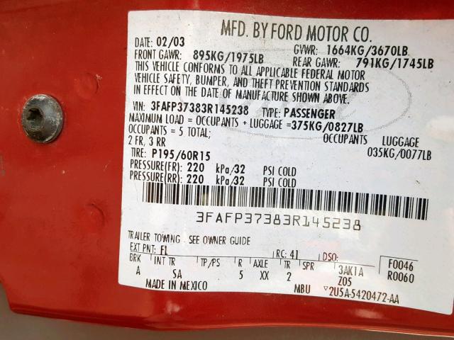 3FAFP37383R145238 - 2003 FORD FOCUS ZX5 RED photo 10