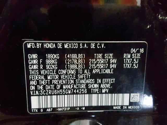 3CZRU6H55GM744256 - 2016 HONDA HR-V EX BLACK photo 10