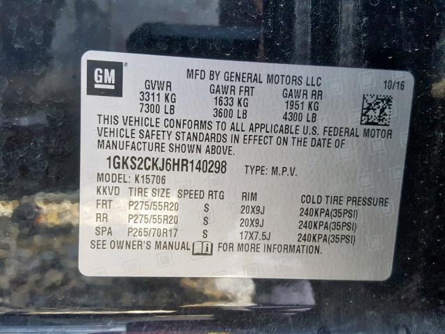 1GKS2CKJ6HR140298 - 2017 GMC YUKON DENA BLACK photo 10