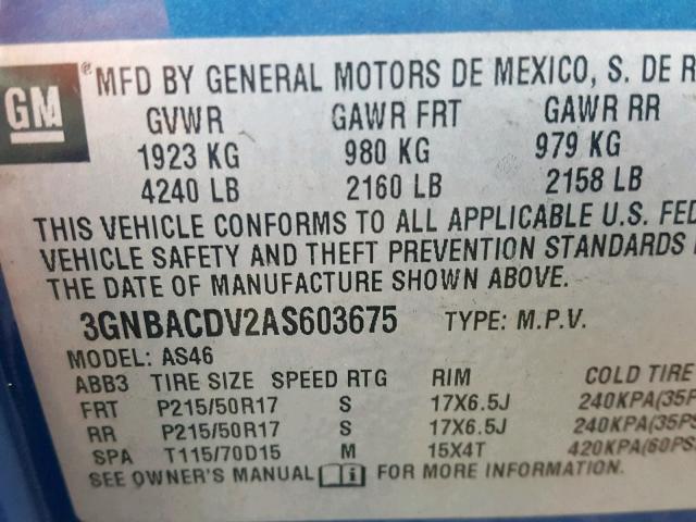 3GNBACDV2AS603675 - 2010 CHEVROLET HHR LT BLUE photo 10