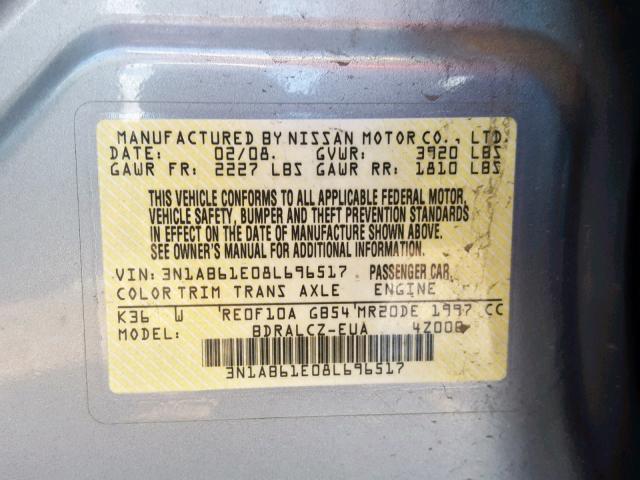 3N1AB61E08L696517 - 2008 NISSAN SENTRA 2.0 GRAY photo 10