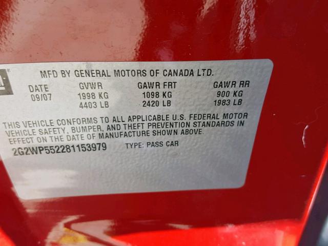 2G2WP552281153979 - 2008 PONTIAC GRAND PRIX 白色 照片 10