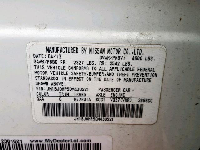 JN1BJ0HP5DM430521 - 2013 INFINITI EX37 BASE WHITE photo 10