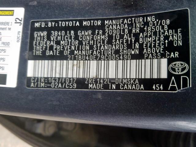 2T1BU40E79C005490 - 2009 TOYOTA COROLLA BASE  photo 10