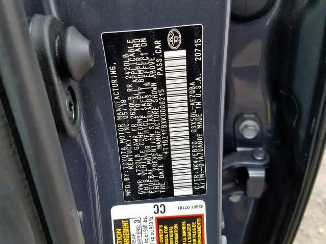 4T1BZ1FBXKU006215 - 2019 TOYOTA AVALON XLE BLUE photo 10