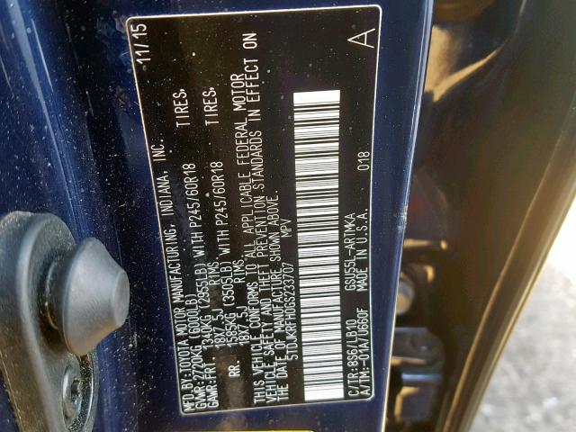 5TDJKRFH0GS233707 - 2016 TOYOTA HIGHLANDER ლურჯი ფოტო 10