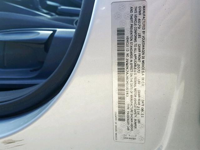3VW2K7AJ4CM315143 - 2012 VOLKSWAGEN JETTA BASE SILVER photo 10