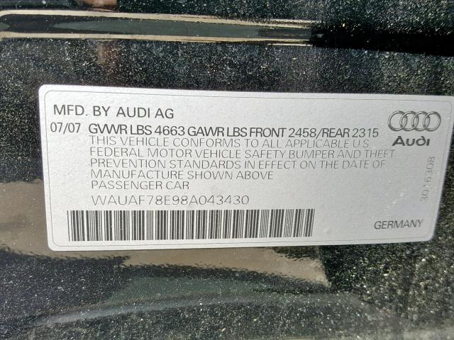WAUAF78E98A043430 - 2008 AUDI A4 2.0T BLACK photo 10