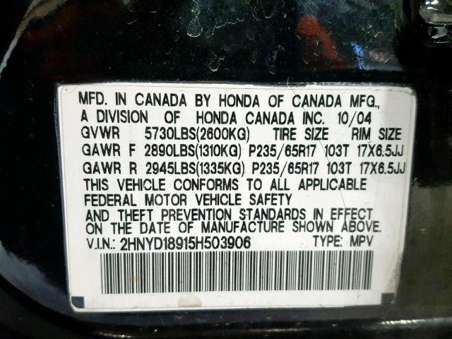 2HNYD18915H503906 - 2005 ACURA MDX TOURIN BLACK photo 10