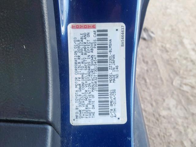 JTDDR32T730154547 - 2003 TOYOTA CELICA GT BLUE photo 10