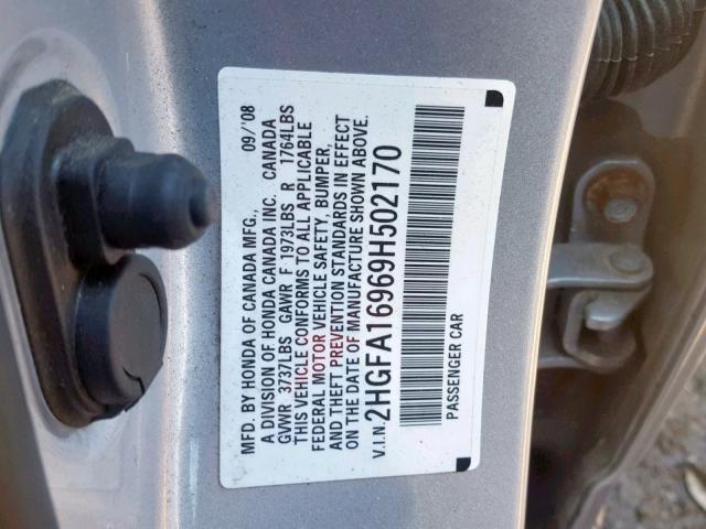 2HGFA16969H502170 - 2009 HONDA CIVIC EXL GRAY photo 10