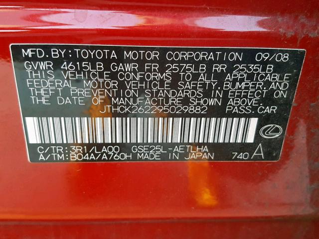 JTHCK262295029882 - 2009 LEXUS IS 250 RED photo 10