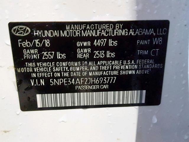 5NPE34AF2JH693777 - 2018 HYUNDAI SONATA SPO WHITE photo 10