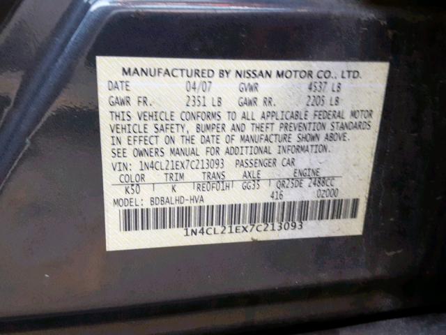 1N4CL21EX7C213093 - 2007 NISSAN ALTIMA HYB CHARCOAL photo 10