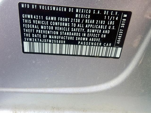 3VW2K7AJXFM255809 - 2015 VOLKSWAGEN JETTA BASE SILVER photo 10