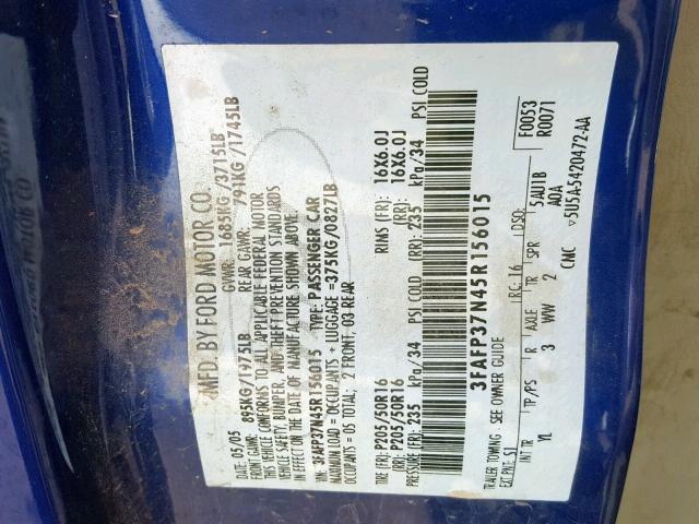 3FAFP37N45R156015 - 2005 FORD FOCUS ZX5 BLUE photo 10