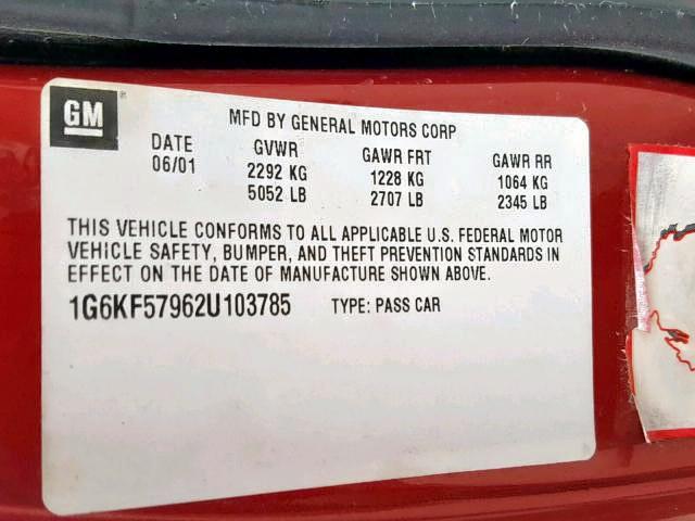 1G6KF57962U103785 - 2002 CADILLAC DEVILLE DT RED photo 10