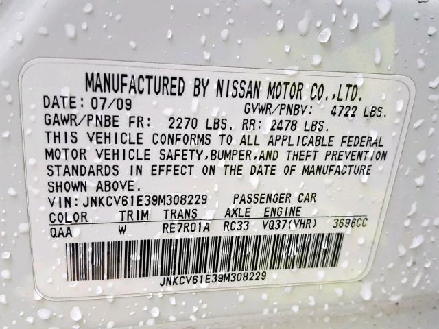 JNKCV61E39M308229 - 2009 INFINITI G37 BASE WHITE photo 10