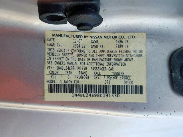 1N4BL24E98C191550 - 2008 NISSAN ALTIMA 3.5 SILVER photo 10