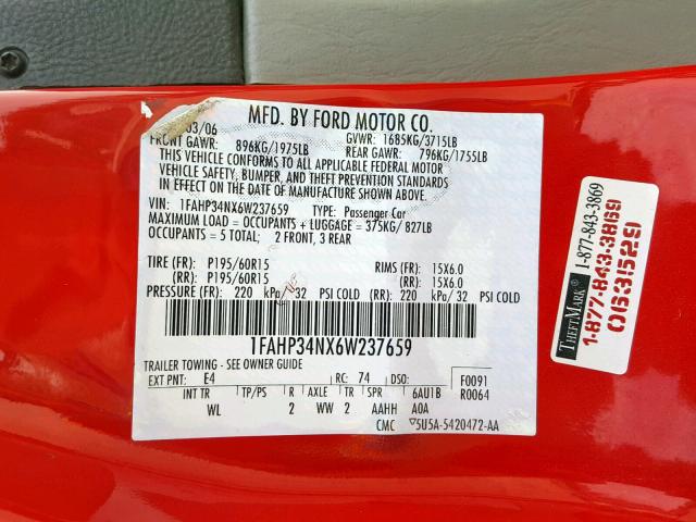 1FAHP34NX6W237659 - 2006 FORD FOCUS ZX4 RED photo 10