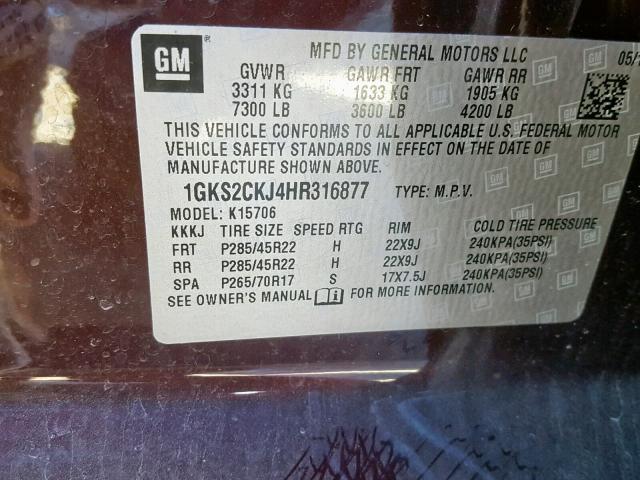 1GKS2CKJ4HR316877 - 2017 GMC YUKON DENA BURGUNDY photo 10