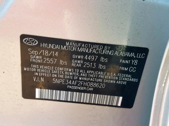 5NPE34AF2FH088620 - 2015 HYUNDAI SONATA SPO SILVER photo 10