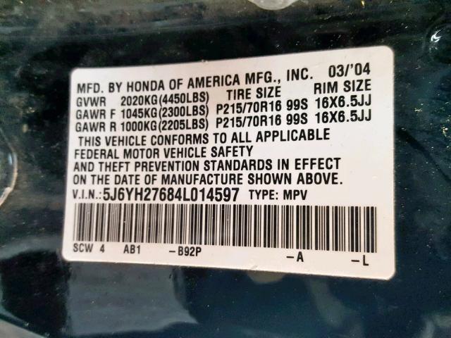 5J6YH27684L014597 - 2004 HONDA ELEMENT EX BLACK photo 10