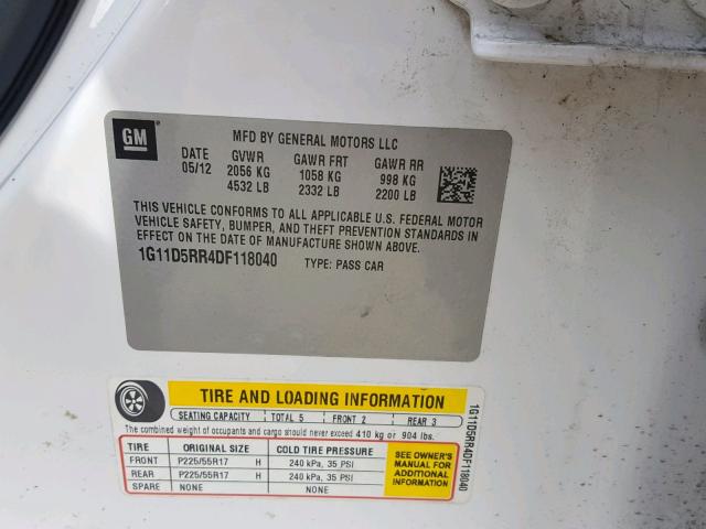 1G11D5RR4DF118040 - 2013 CHEVROLET MALIBU 1LT 白色 照片 10