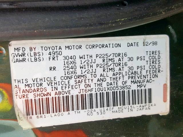 JT6HF10U1X0053852 - 1999 LEXUS RX 300 GREEN photo 10