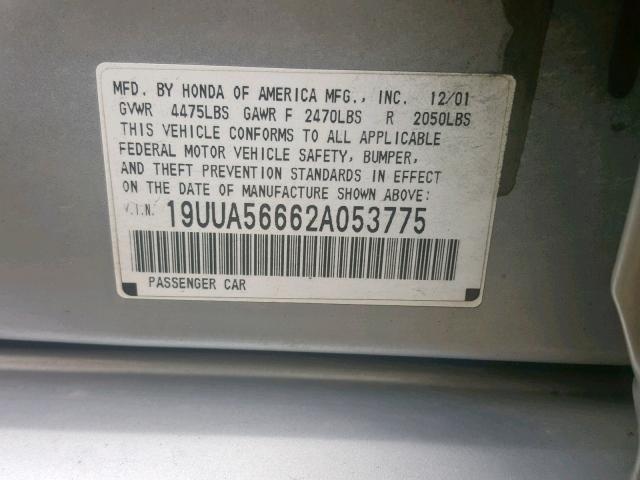 19UUA56662A053775 - 2002 ACURA 3.2TL GRAY photo 10