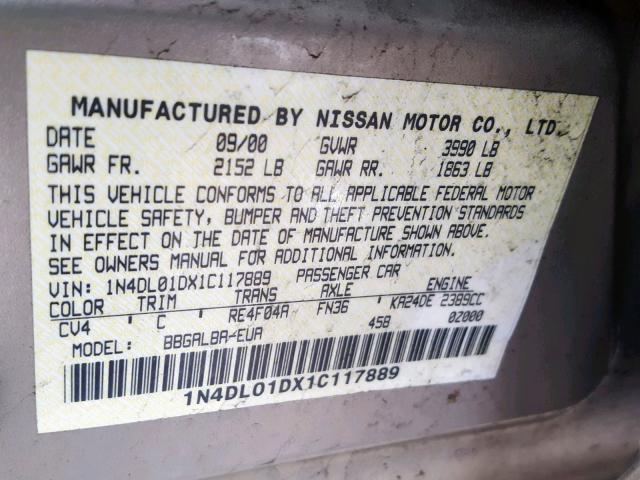 1N4DL01DX1C117889 - 2001 NISSAN ALTIMA XE TAN photo 10