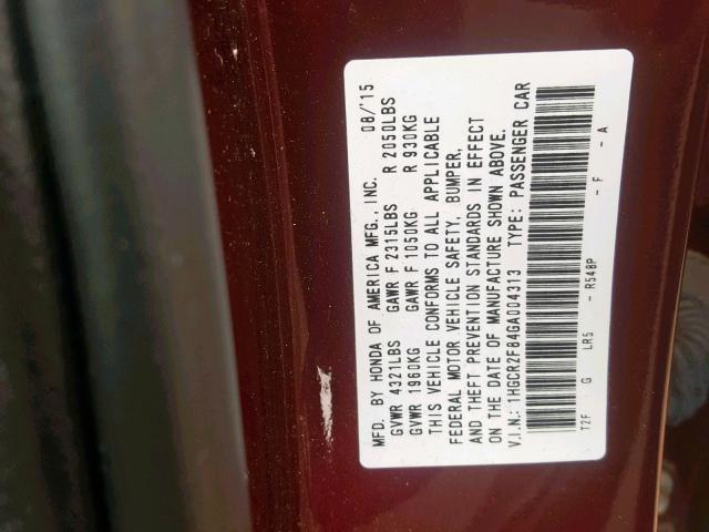 1HGCR2F84GA004313 - 2016 HONDA ACCORD EXL MAROON photo 10