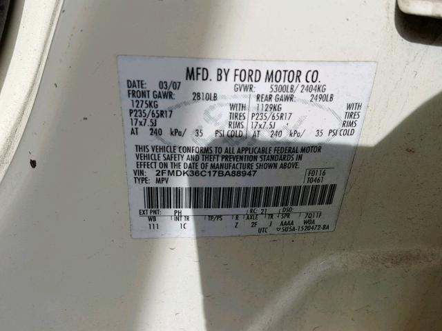 2FMDK36C17BA88947 - 2007 FORD EDGE SE CREAM photo 10