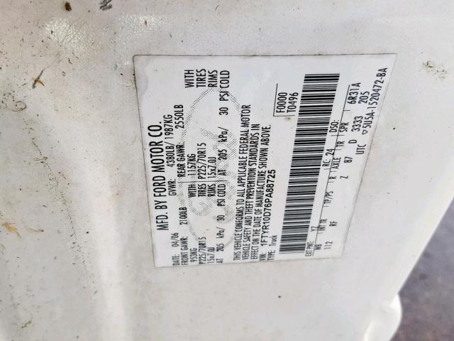 1FTYR10D76PA88725 - 2006 FORD RANGER WHITE photo 10