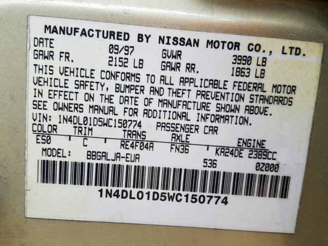 1N4DL01D5WC150774 - 1998 NISSAN ALTIMA XE TAN photo 10