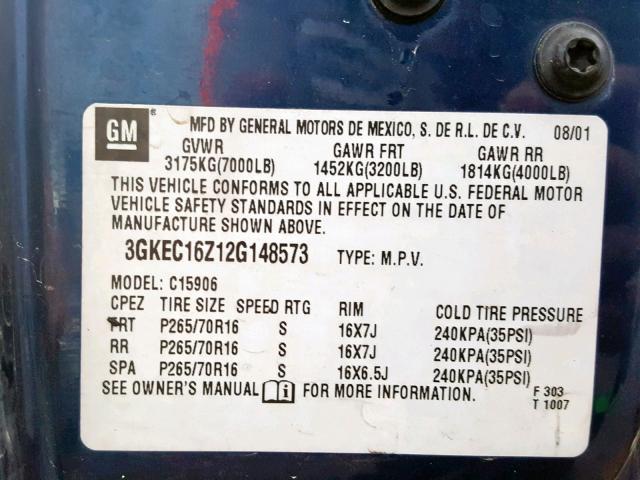 3GKEC16Z12G148573 - 2002 GMC YUKON XL C BLUE photo 10